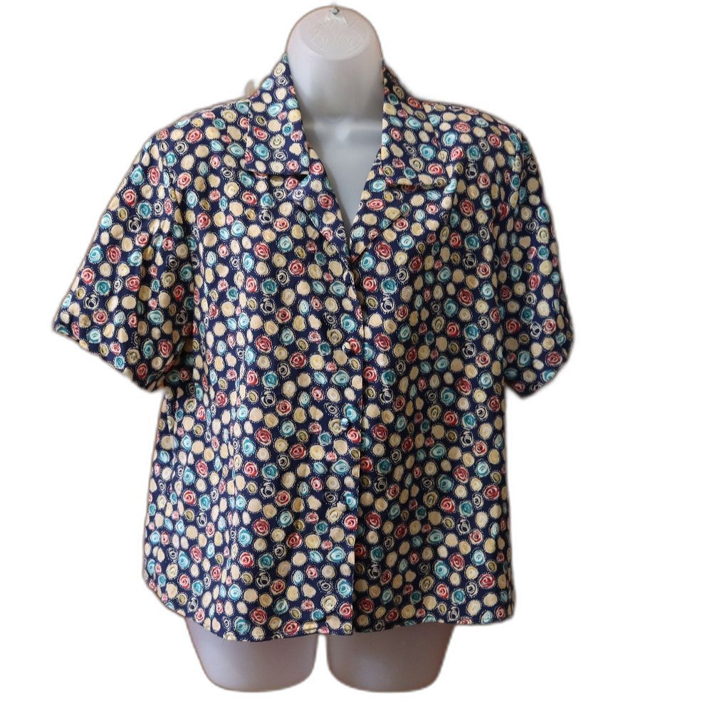 Eva Laurel Vintage Colorful Print Polka Dot Button Up Blouse 12